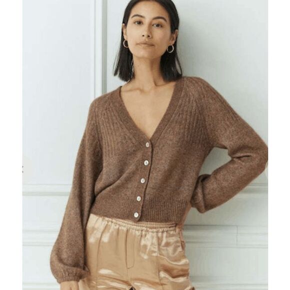 Autumn Cashmere Silk Marled Mulch Balloon Sleeve V-Neck Cardigan Size Small - Picture 1 of 11